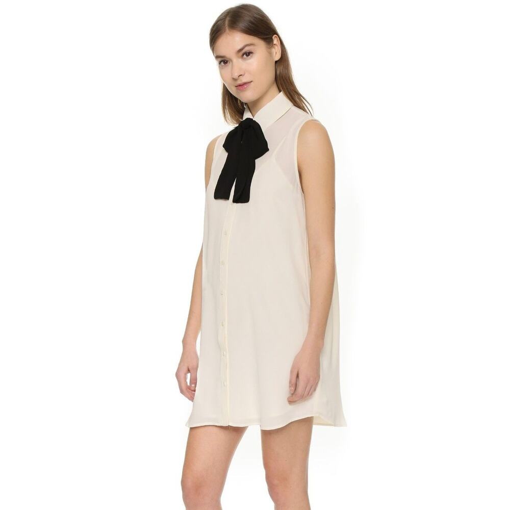 New Cupcakes & Cashmere Button Sheer Collared Shift Dress Ivory with Black Tie